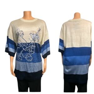 Impaq Knit Sweater Graphic Striped  Blocked Blue Cream Short Sleeve Size 2 XL